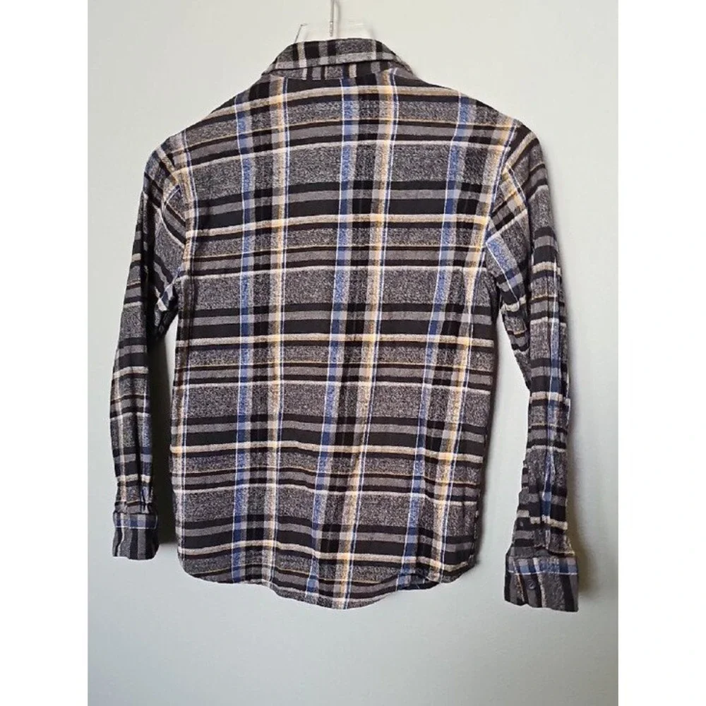 Old Navy Boys Large Plaid Flannel Button Down Shirt Gray Blue Yellow Cotton